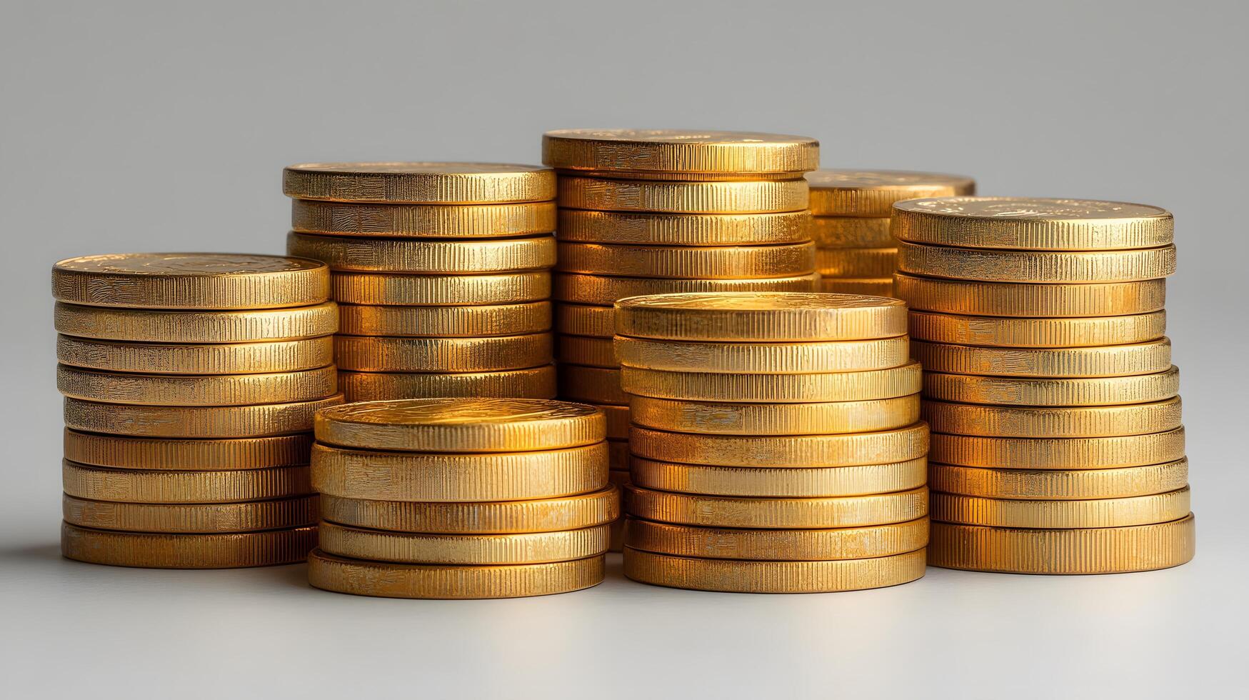 Professional product photography of ascending stacked gold coins showing detailed metallic currency texture and financial wealth concept on white background. accomplishment photo
