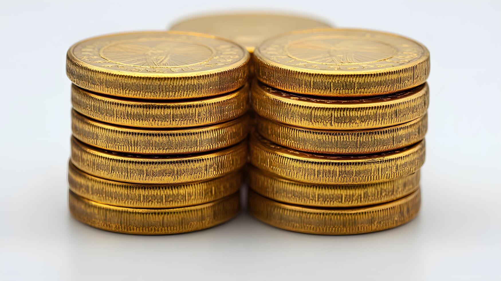 Professional product photography of ascending stacked gold coins showing detailed metallic currency texture and financial wealth concept on white background. coins photo