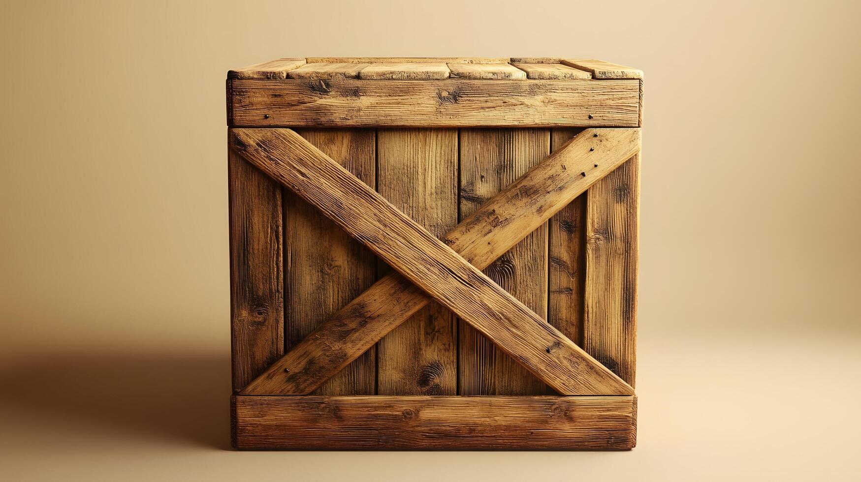 Studio photography of wooden crate box displaying detailed grain texture and cross-braced construction design, isolated on beige background with soft shadows. construction photo