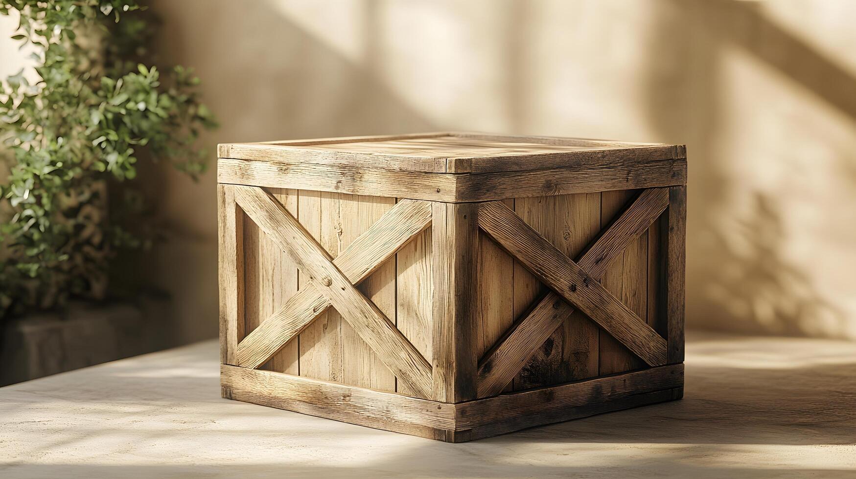 Studio photography of wooden crate box displaying detailed grain texture and cross-braced construction design, isolated on beige background with soft shadows. photography photo