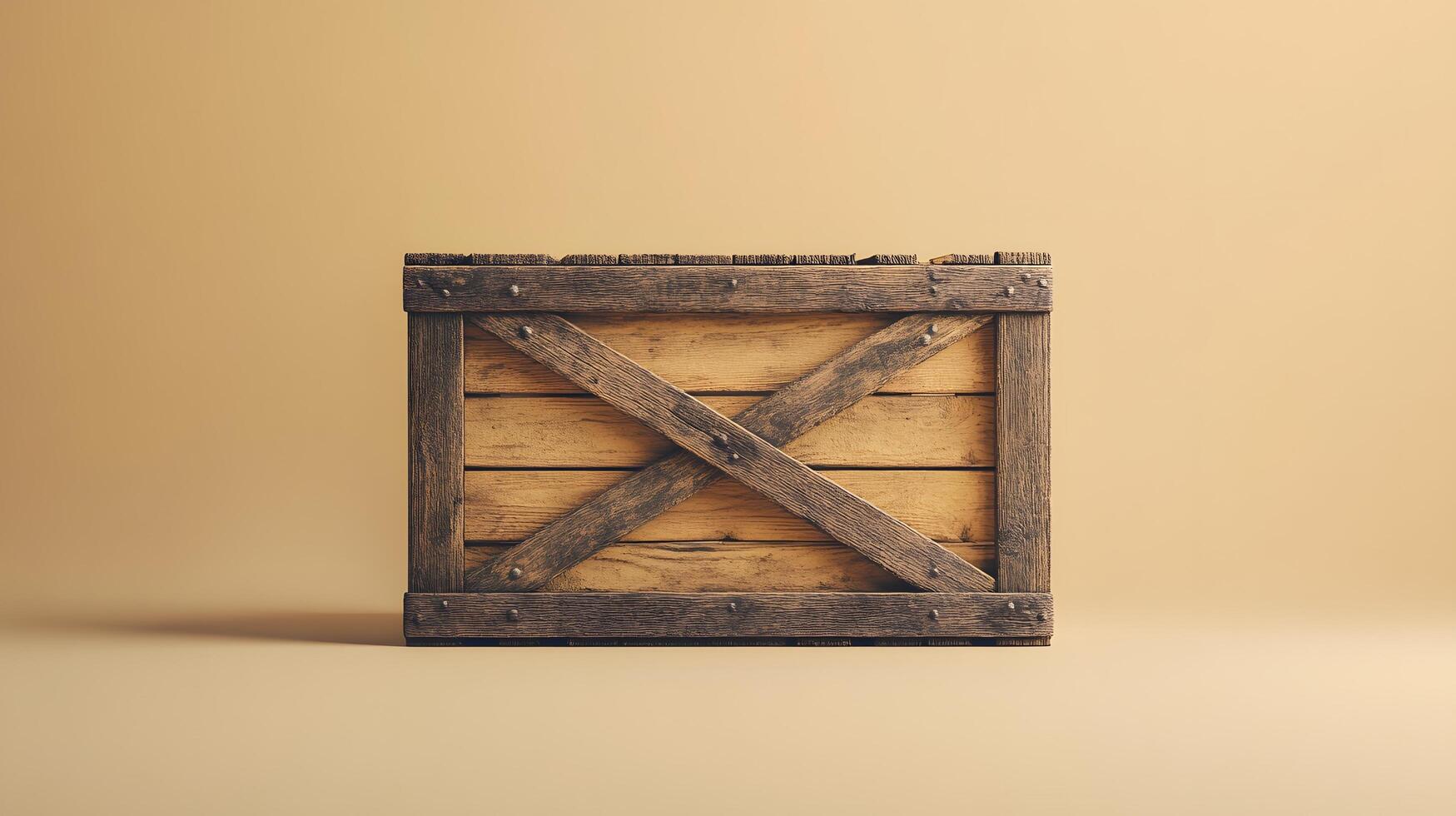 Studio photography of wooden crate box displaying detailed grain texture and cross-braced construction design, isolated on beige background with soft shadows. transport photo