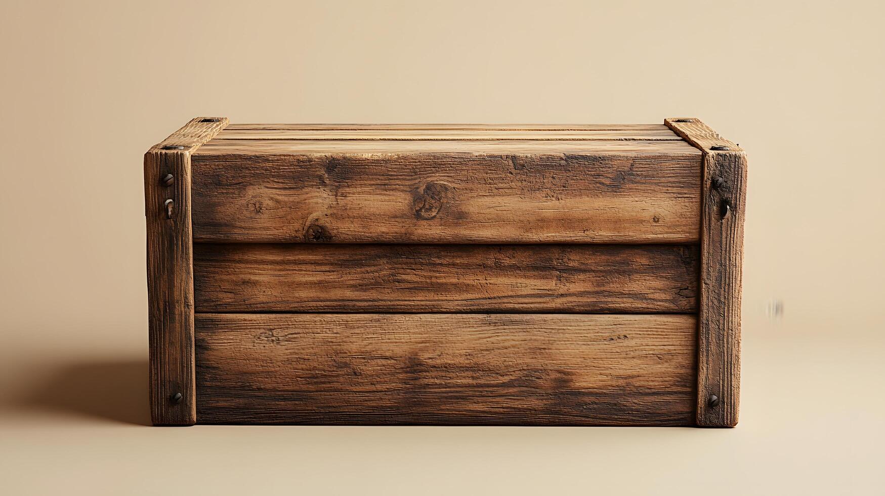 Studio photography of wooden crate box displaying detailed grain texture and cross-braced construction design, isolated on beige background with soft shadows. organic photo