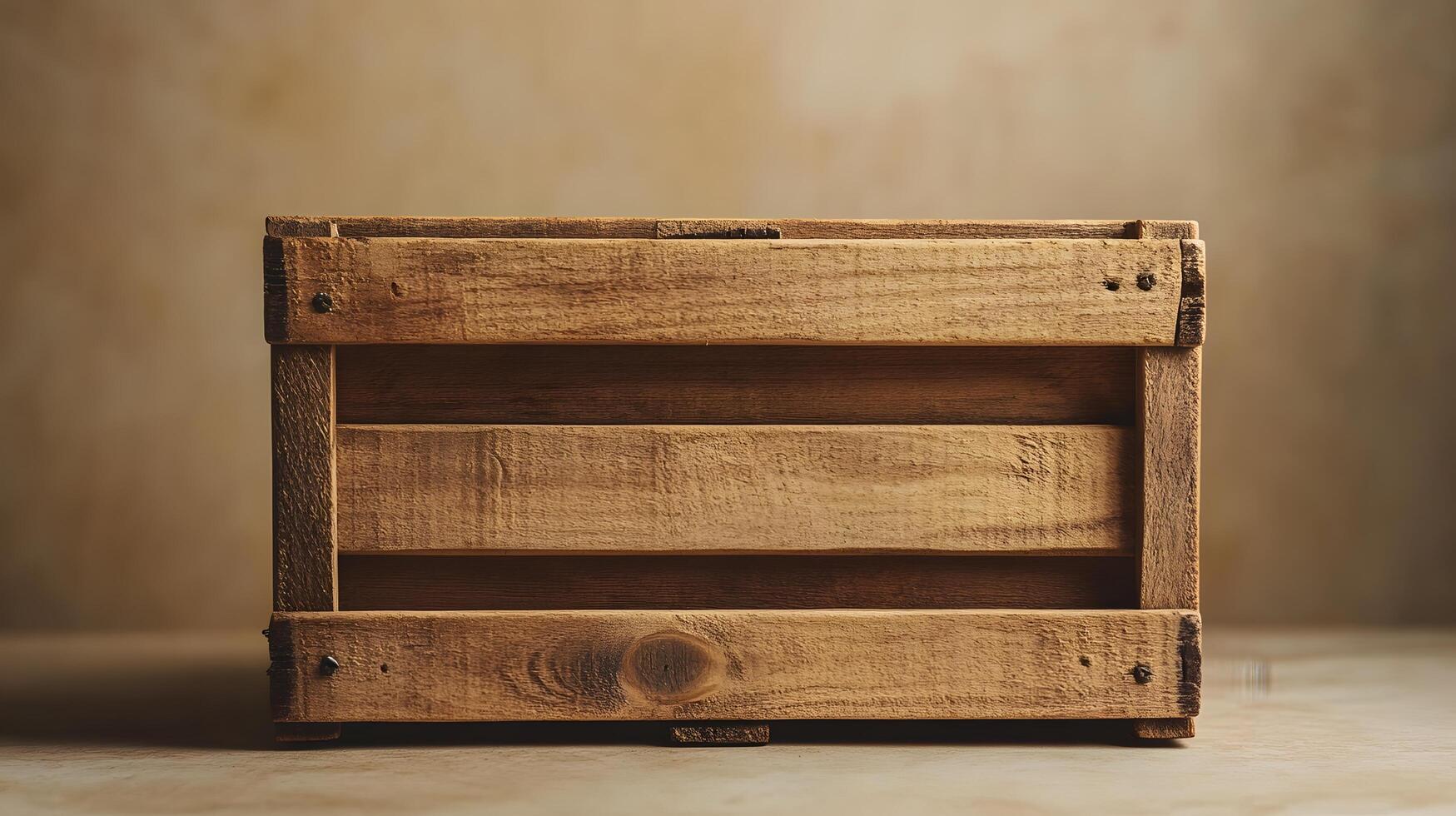 Studio photography of wooden crate box displaying detailed grain texture and cross-braced construction design, isolated on beige background with soft shadows. antique photo