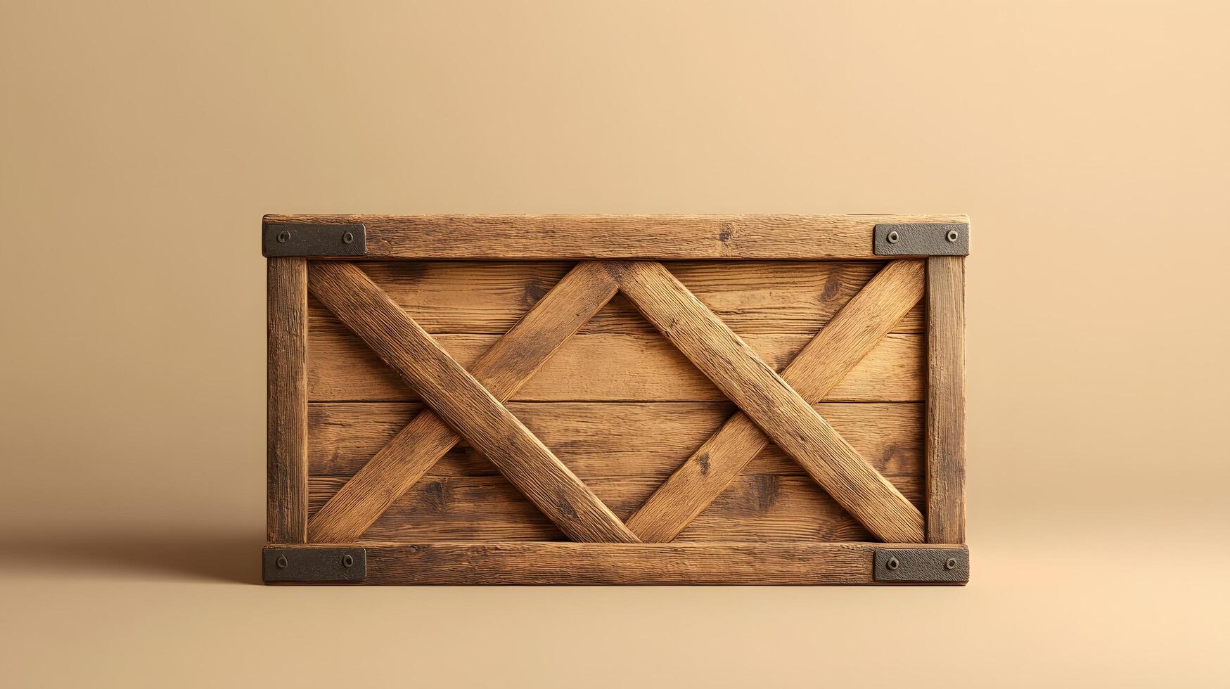 Studio photography of wooden crate box displaying detailed grain texture and cross-braced construction design, isolated on beige background with soft shadows. vintage photo