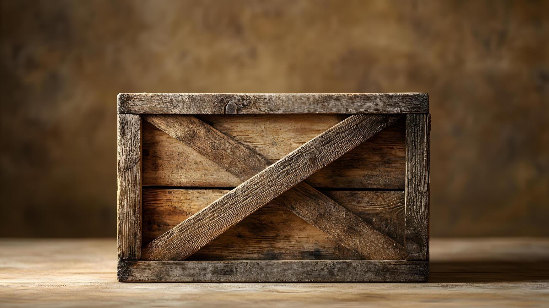 Studio photography of wooden crate box displaying detailed grain texture and cross-braced construction design, isolated on beige background with soft shadows. traditional photo