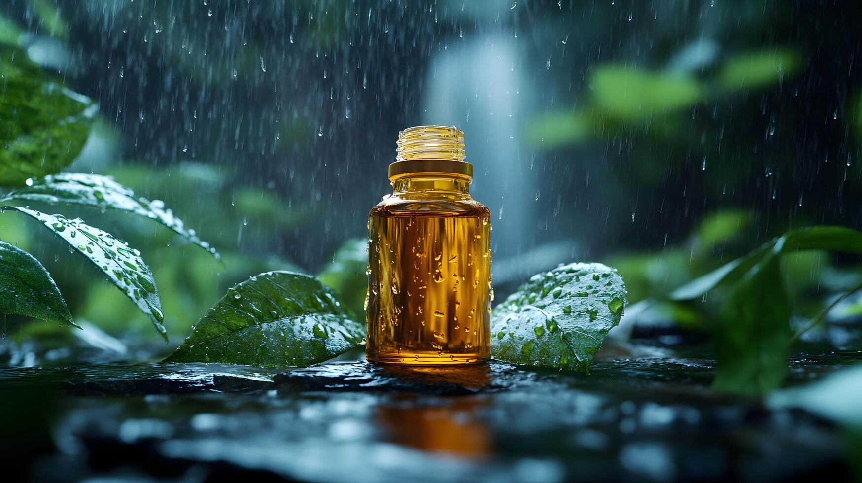 Rain-drenched amber glass essential oil bottle sits on dark stone surface amid lush green leaves, creating moody atmosphere with dramatic lighting and misty background elements. glass photo