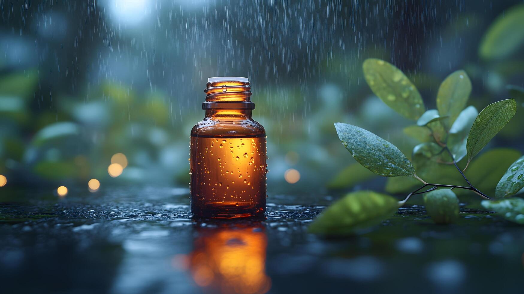 Rain-drenched amber glass essential oil bottle sits on dark stone surface amid lush green leaves, creating moody atmosphere with dramatic lighting and misty background elements. oil photo