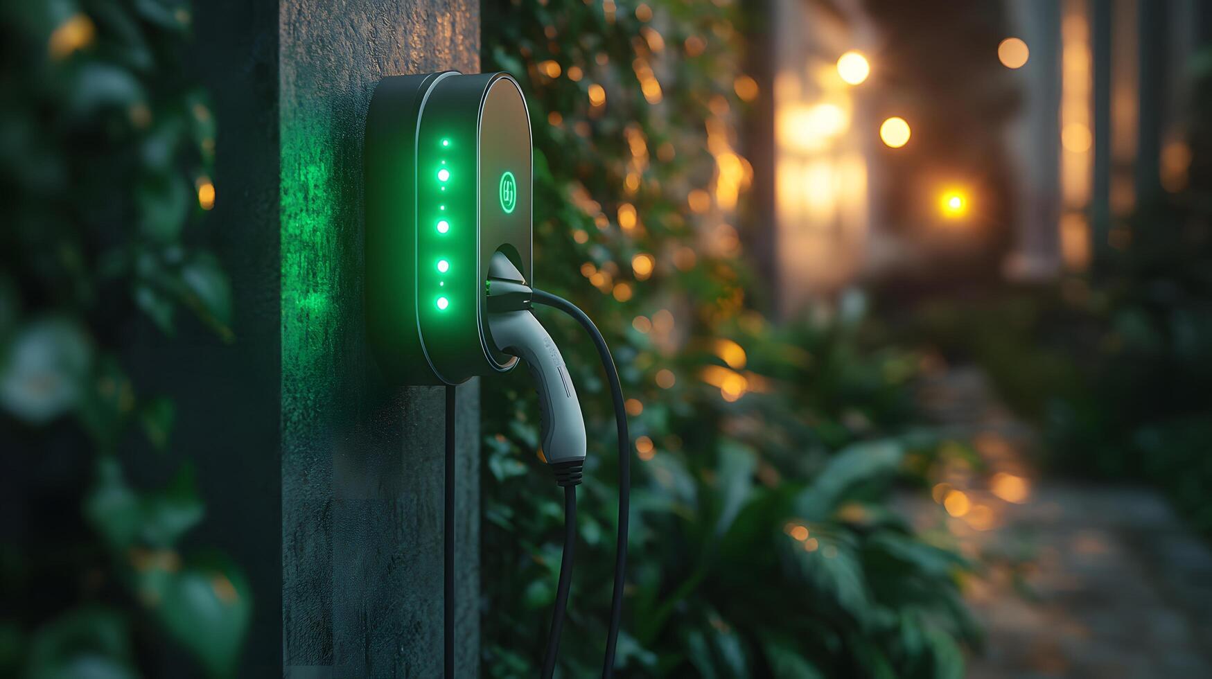 Modern EV charging station displays glowing green LED indicators and white cables against blurred foliage backdrop, embodying sleek industrial design and sustainable energy infrastructure. technology photo