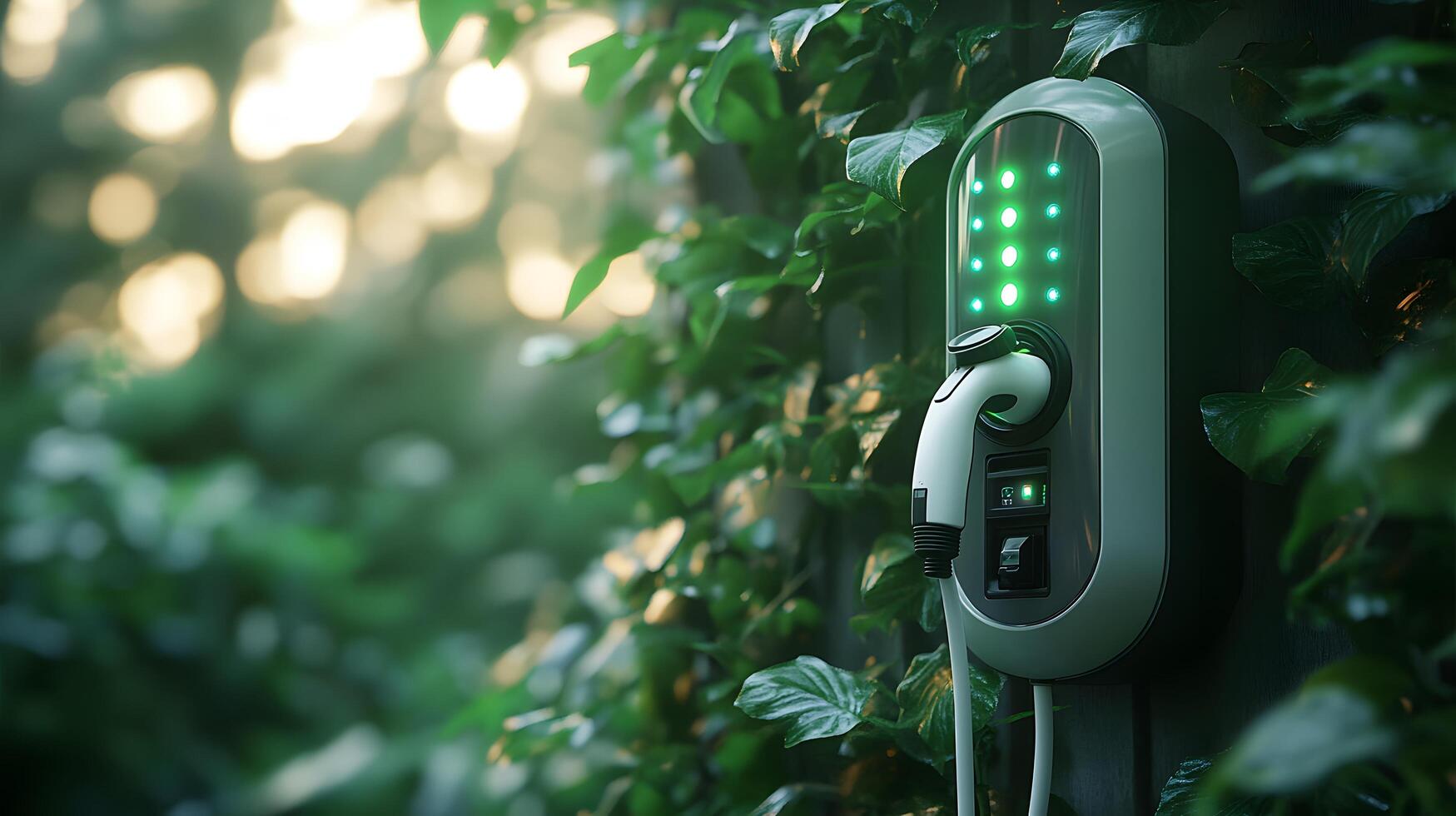 Modern EV charging station displays glowing green LED indicators and white cables against blurred foliage backdrop, embodying sleek industrial design and sustainable energy infrastructure. smart photo