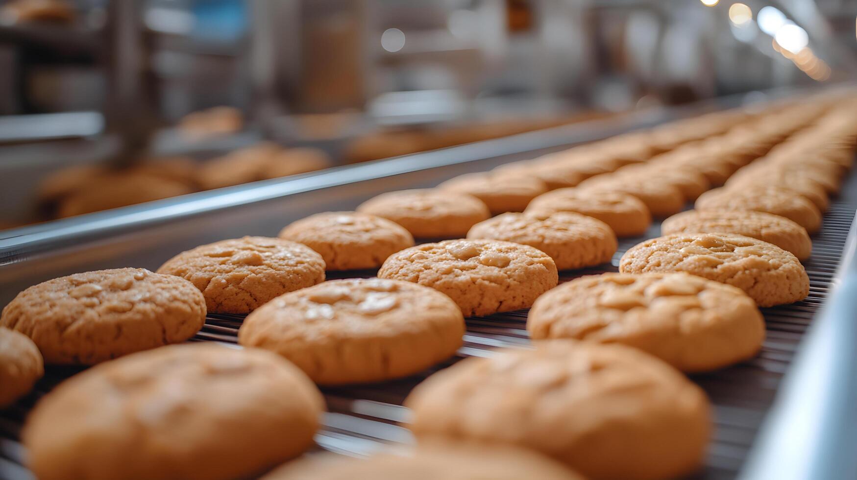 Production line showcases freshly baked golden-brown butter cookies moving along conveyor belt, highlighting industrial bakery process with professional equipment in warm-lit factory setting. automat photo