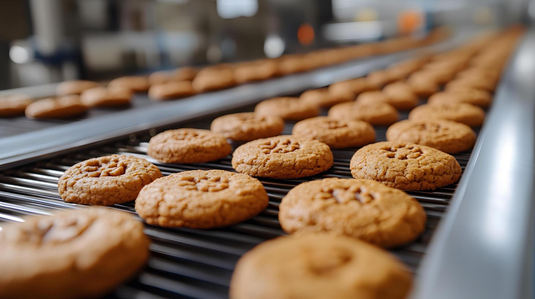 Production line showcases freshly baked golden-brown butter cookies moving along conveyor belt, highlighting industrial bakery process with professional equipment in warm-lit factory setting. biscuit photo
