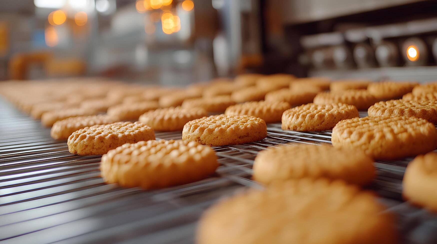 Production line showcases freshly baked golden-brown butter cookies moving along conveyor belt, highlighting industrial bakery process with professional equipment in warm-lit factory setting. baked photo
