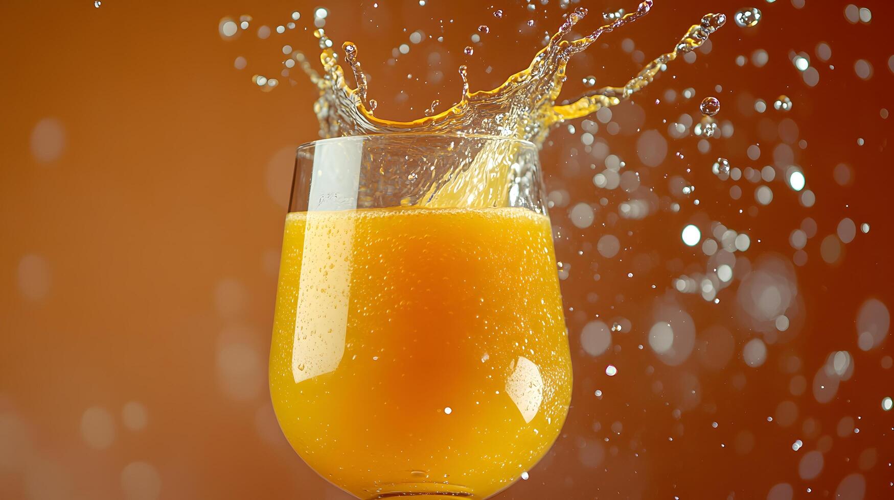 Left-aligned wine glass captures splashing orange juice in dynamic motion, set against vibrant orange backdrop, featuring crystal clarity and refreshing liquid movement effects. motion photo