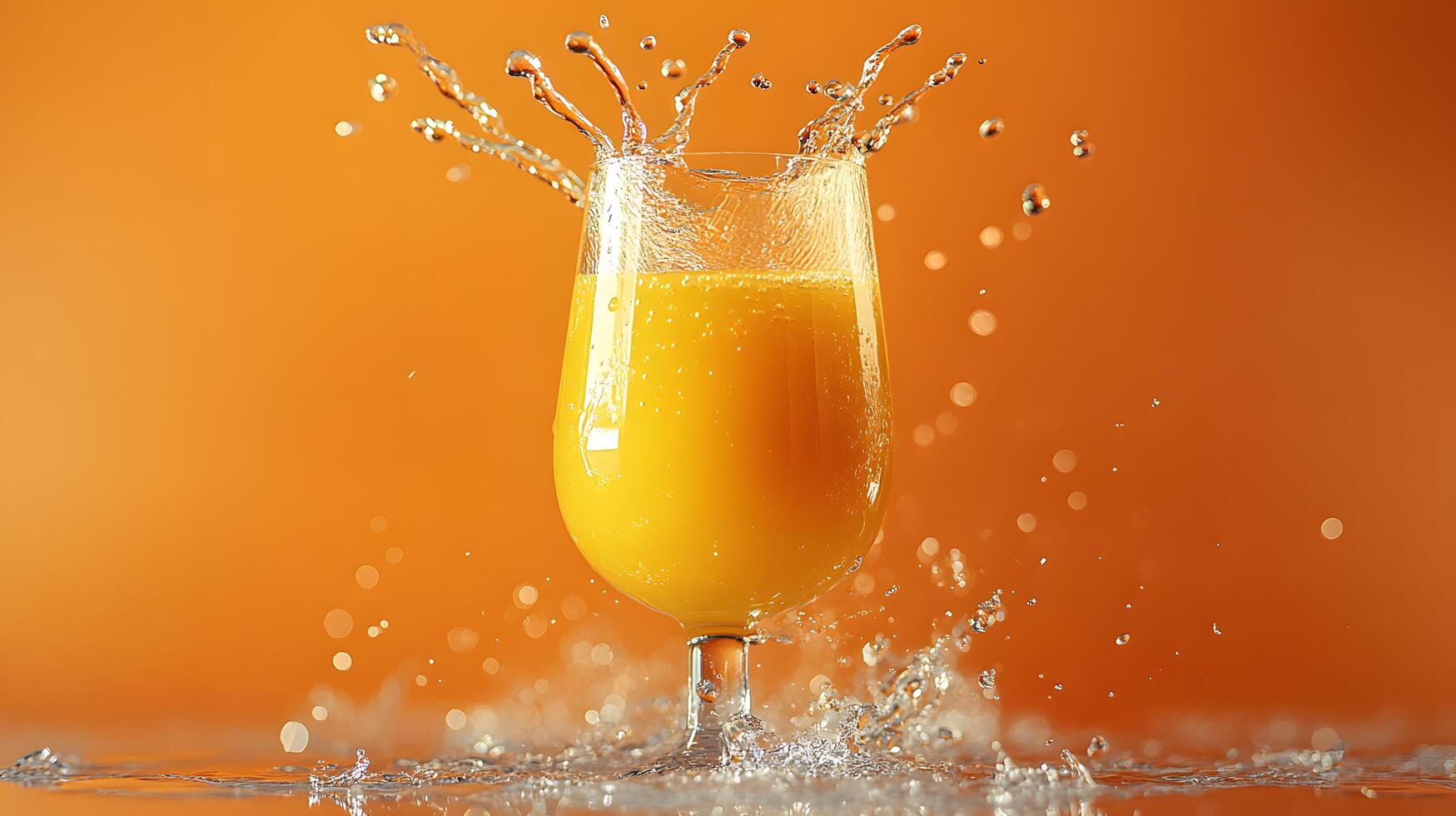 Left-aligned wine glass captures splashing orange juice in dynamic motion, set against vibrant orange backdrop, featuring crystal clarity and refreshing liquid movement effects. citrus photo