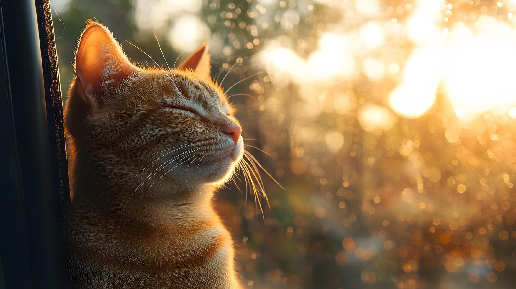 Ginger tabby cat smiles contentedly in car window during sunset, capturing serene moment with golden hour lighting against blurred natural background. comfortable photo