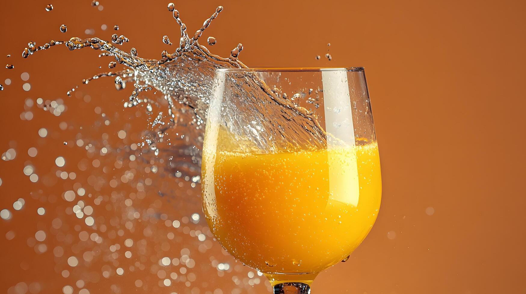 Left-aligned wine glass captures splashing orange juice in dynamic motion, set against vibrant orange backdrop, featuring crystal clarity and refreshing liquid movement effects. flowing photo