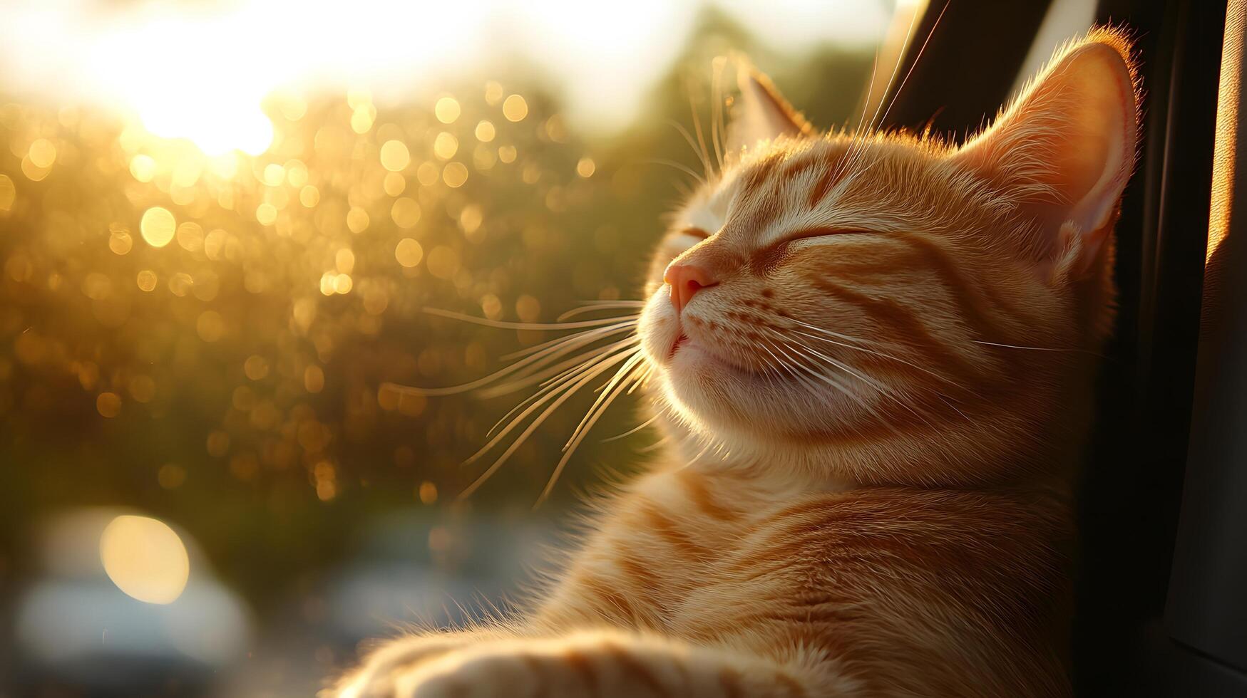 Ginger tabby cat smiles contentedly in car window during sunset, capturing serene moment with golden hour lighting against blurred natural background. glowing photo