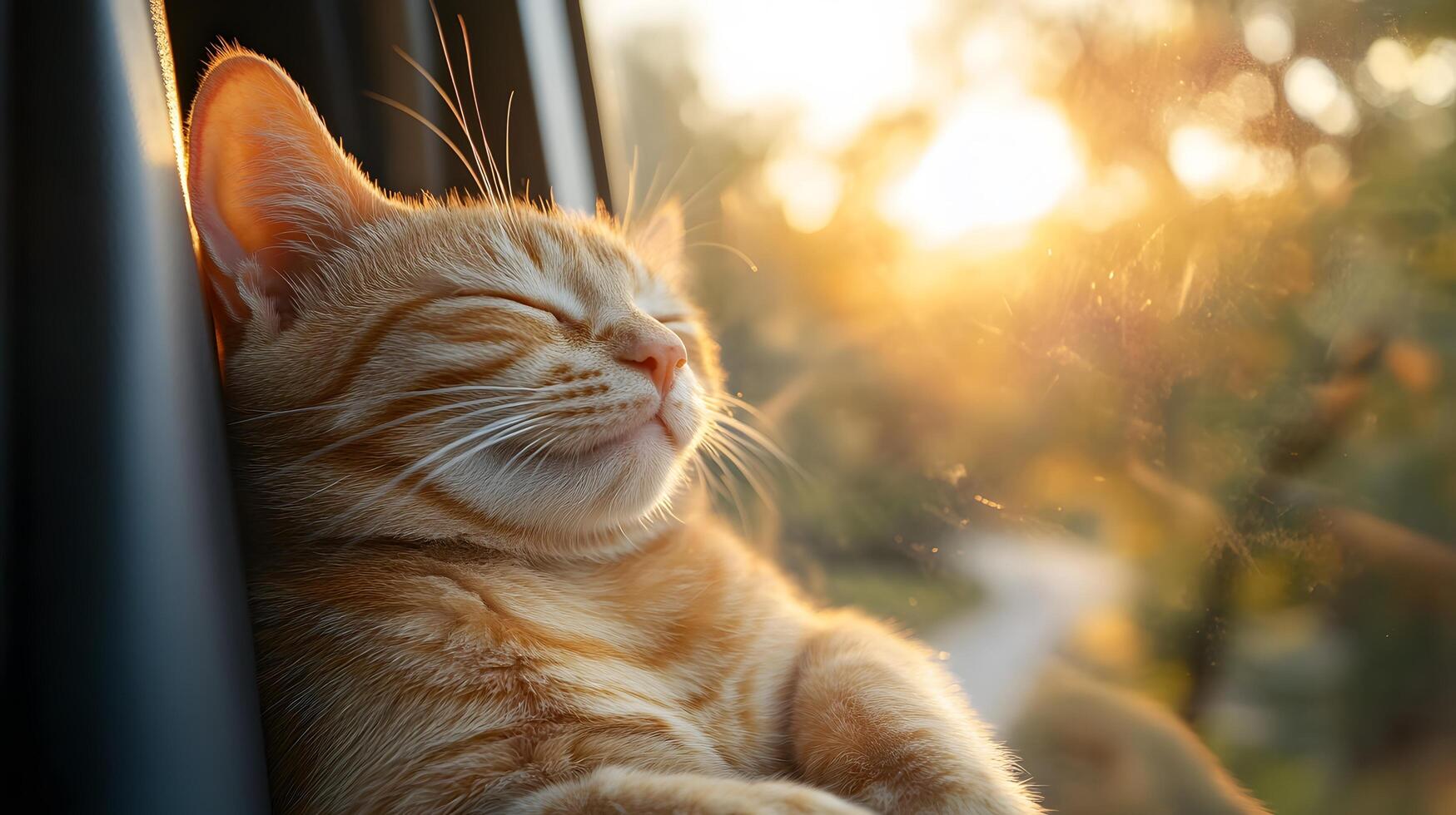 Ginger tabby cat smiles contentedly in car window during sunset, capturing serene moment with golden hour lighting against blurred natural background. warm photo