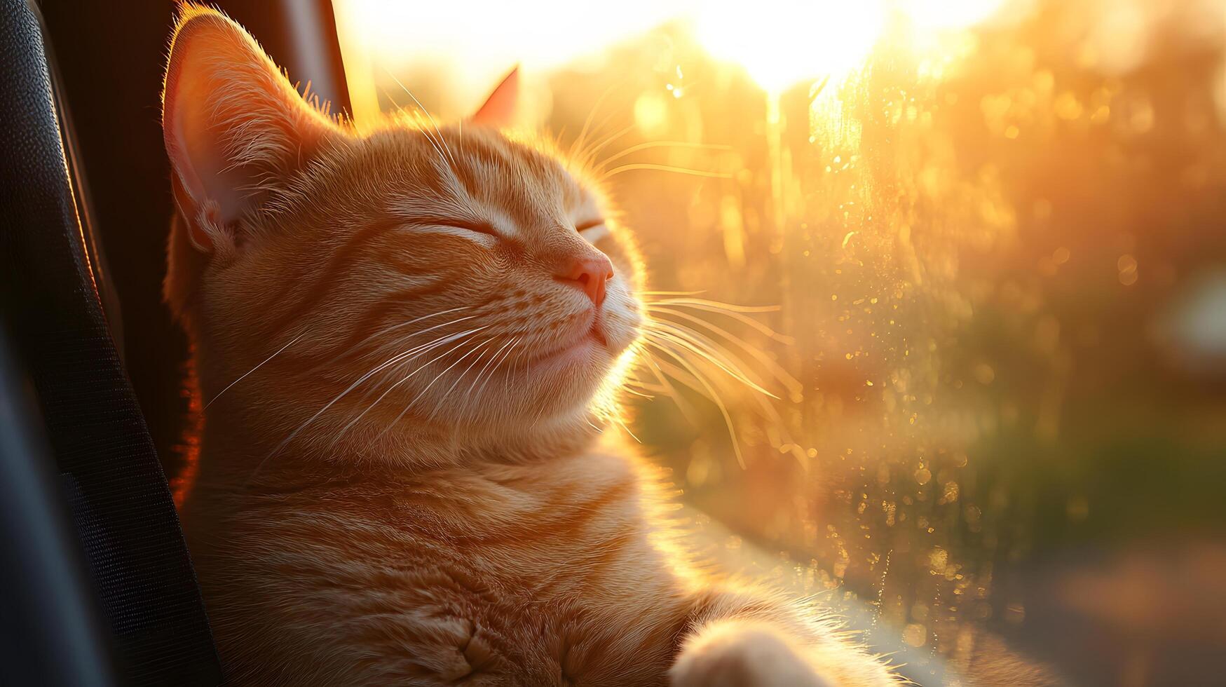 Ginger tabby cat smiles contentedly in car window during sunset, capturing serene moment with golden hour lighting against blurred natural background. cat photo