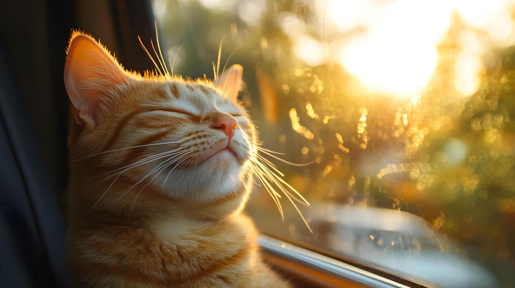 Ginger tabby cat smiles contentedly in car window during sunset, capturing serene moment with golden hour lighting against blurred natural background. ambient photo