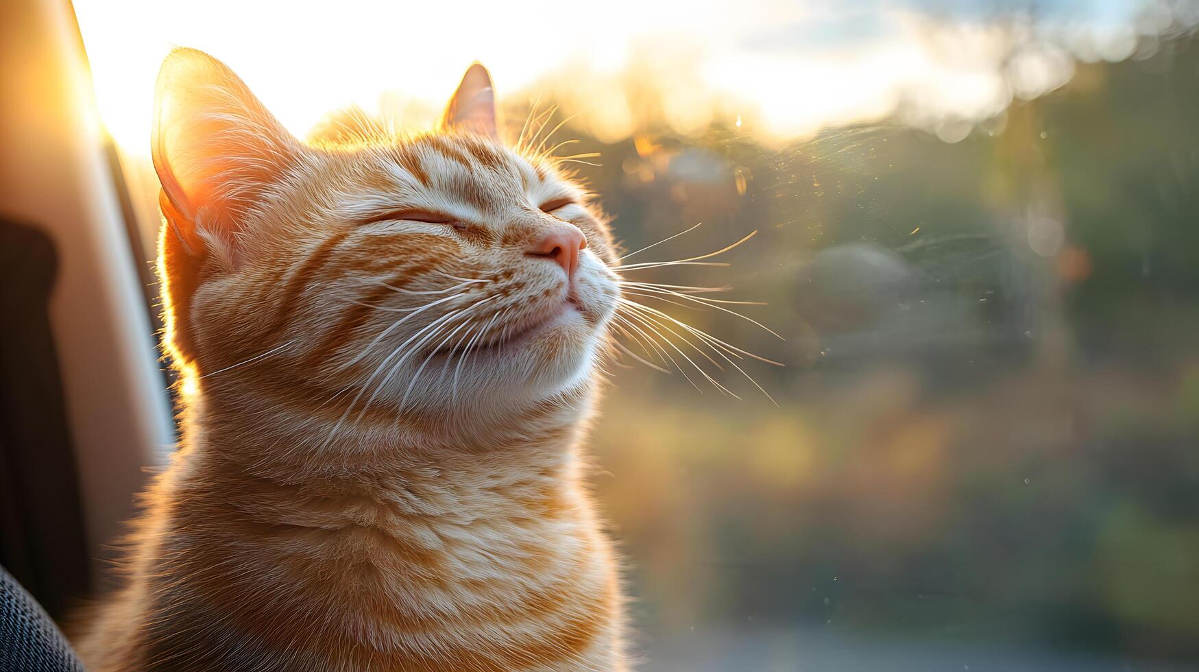 Ginger tabby cat smiles contentedly in car window during sunset, capturing serene moment with golden hour lighting against blurred natural background. ginger photo