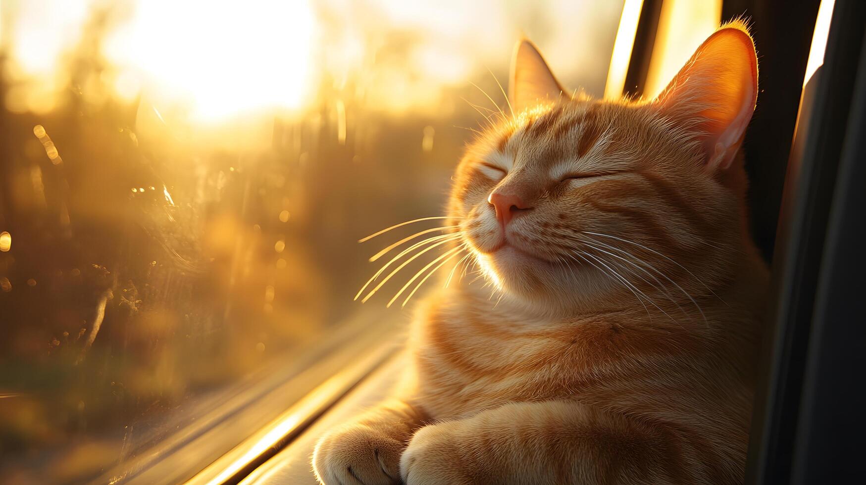 Ginger tabby cat smiles contentedly in car window during sunset, capturing serene moment with golden hour lighting against blurred natural background. window photo