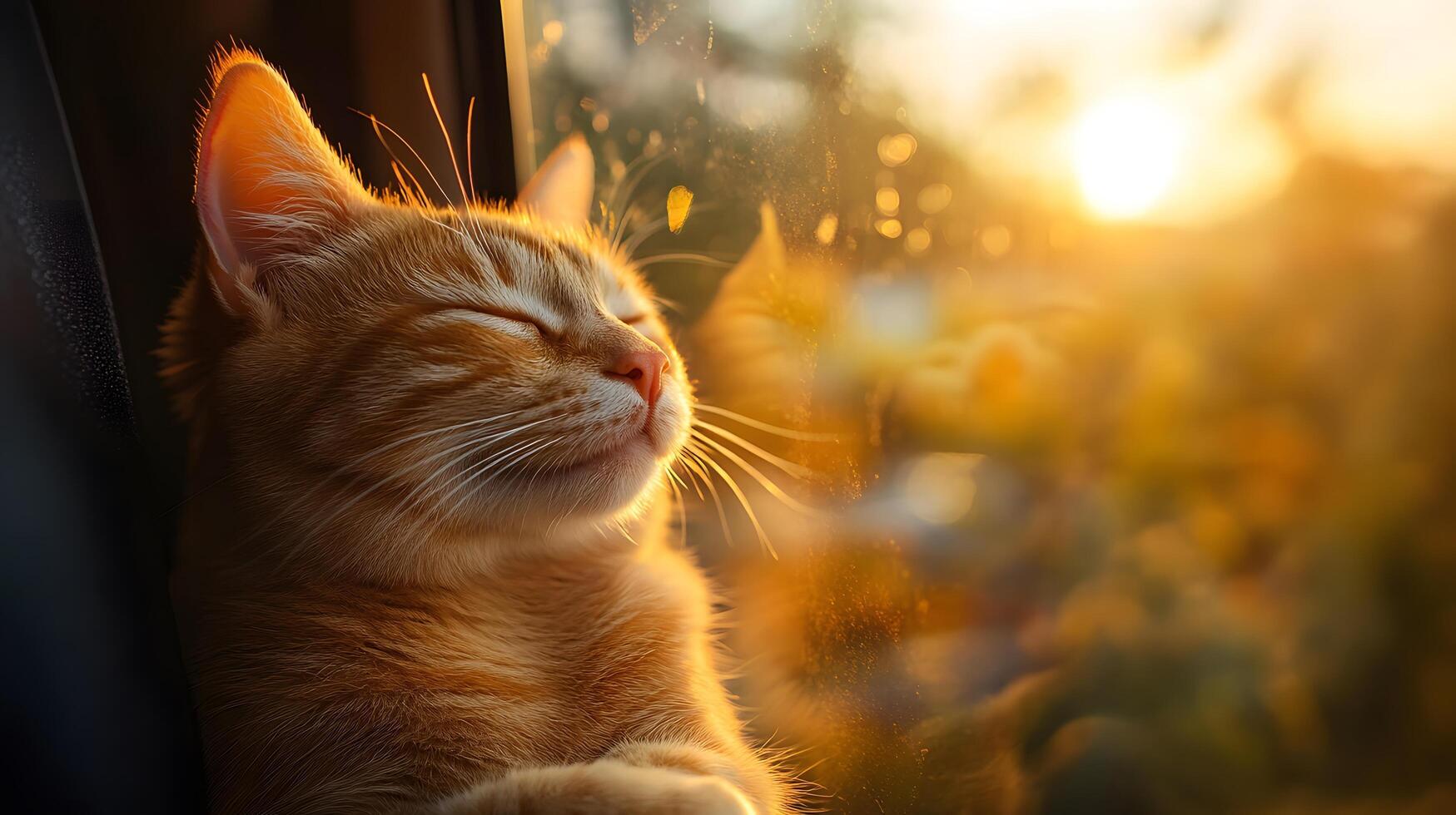 Ginger tabby cat smiles contentedly in car window during sunset, capturing serene moment with golden hour lighting against blurred natural background. serene photo