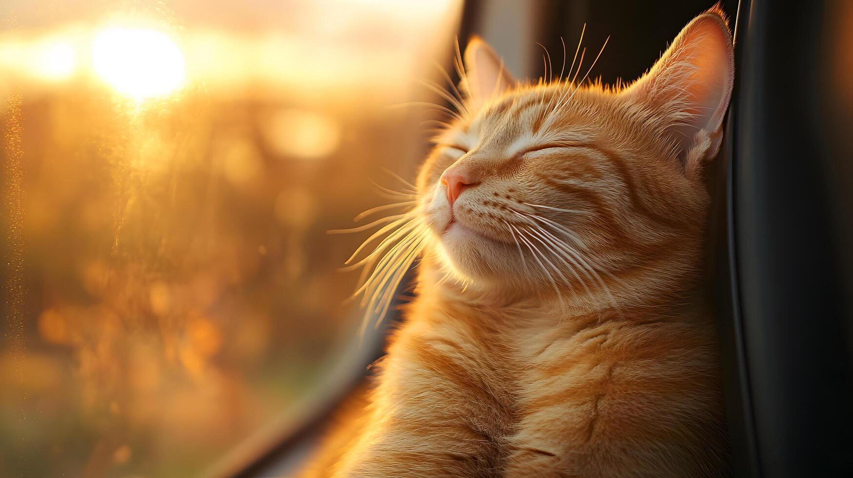 Ginger tabby cat smiles contentedly in car window during sunset, capturing serene moment with golden hour lighting against blurred natural background. golden photo