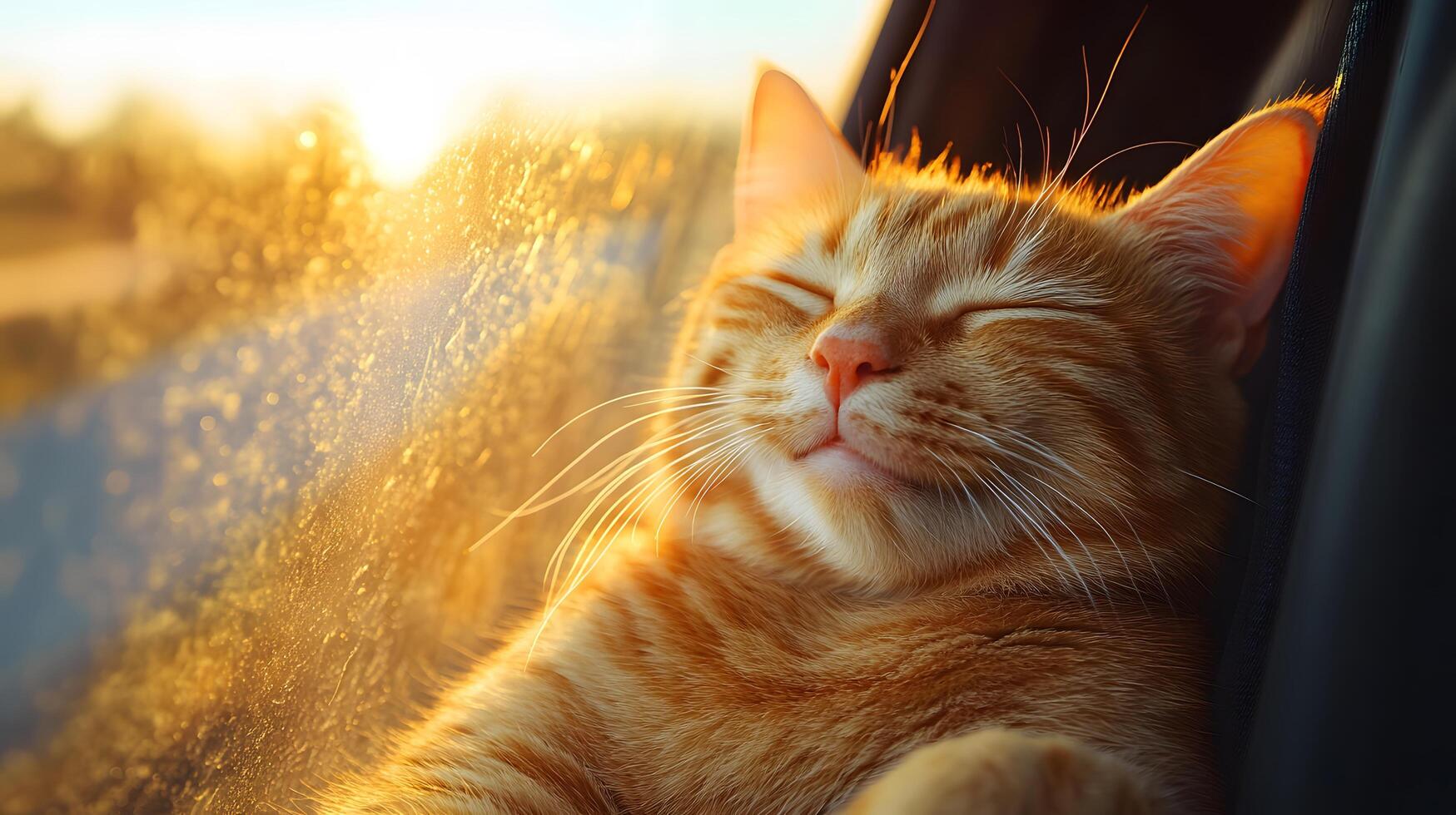 Ginger tabby cat smiles contentedly in car window during sunset, capturing serene moment with golden hour lighting against blurred natural background. peaceful photo