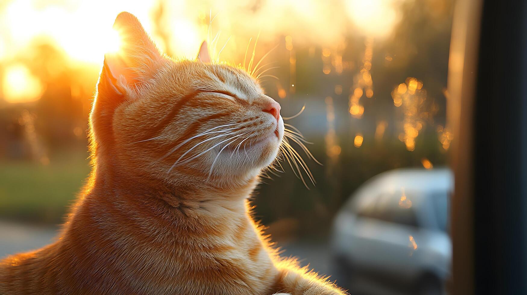 Ginger tabby cat smiles contentedly in car window during sunset, capturing serene moment with golden hour lighting against blurred natural background. relaxed photo