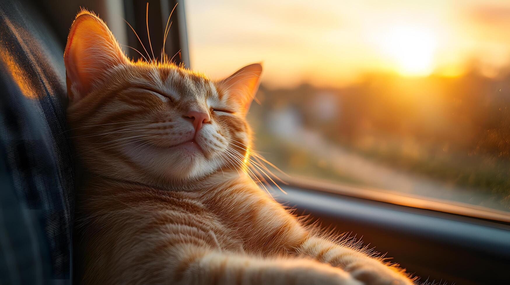 Ginger tabby cat smiles contentedly in car window during sunset, capturing serene moment with golden hour lighting against blurred natural background. feline photo