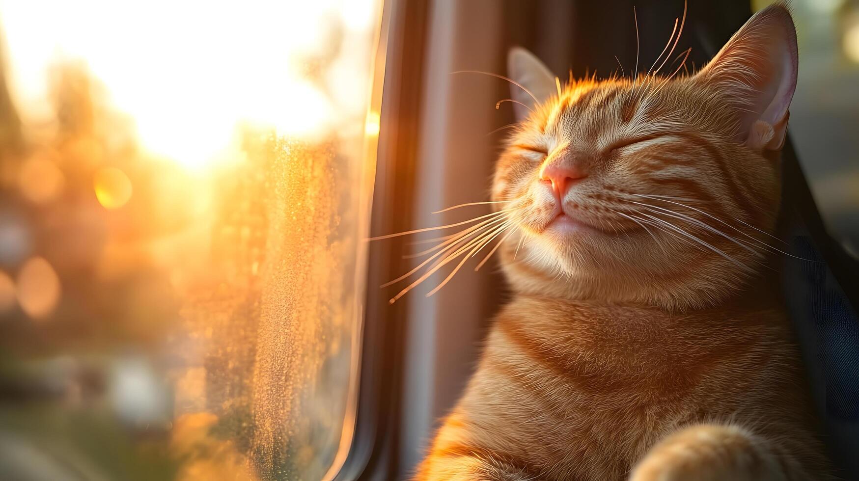 Ginger tabby cat smiles contentedly in car window during sunset, capturing serene moment with golden hour lighting against blurred natural background. dreamy photo