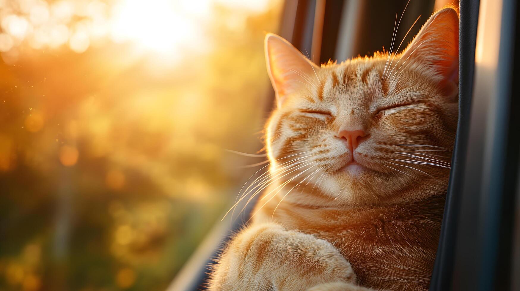 Ginger tabby cat smiles contentedly in car window during sunset, capturing serene moment with golden hour lighting against blurred natural background. intimate photo