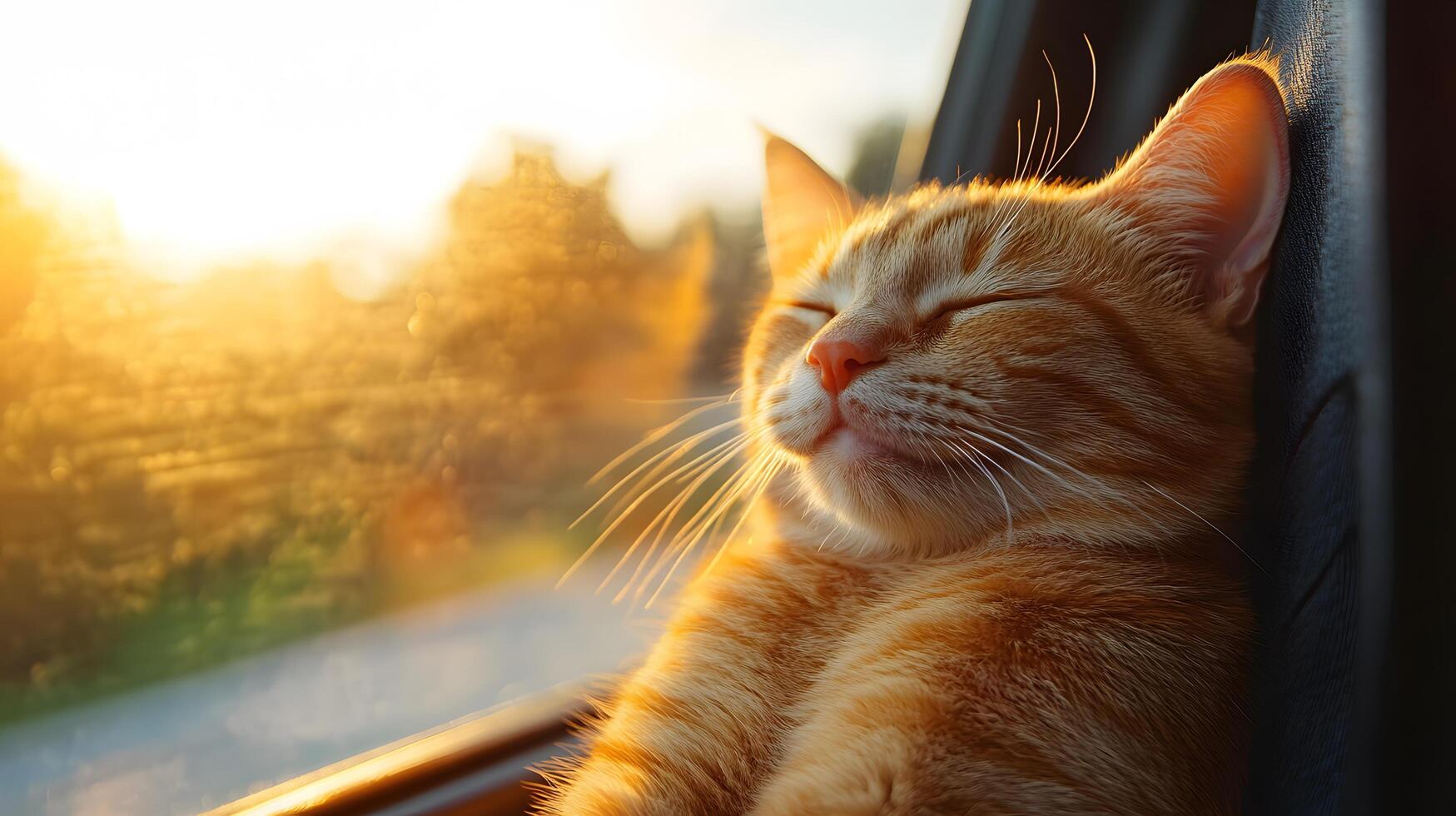 Ginger tabby cat smiles contentedly in car window during sunset, capturing serene moment with golden hour lighting against blurred natural background. natural photo