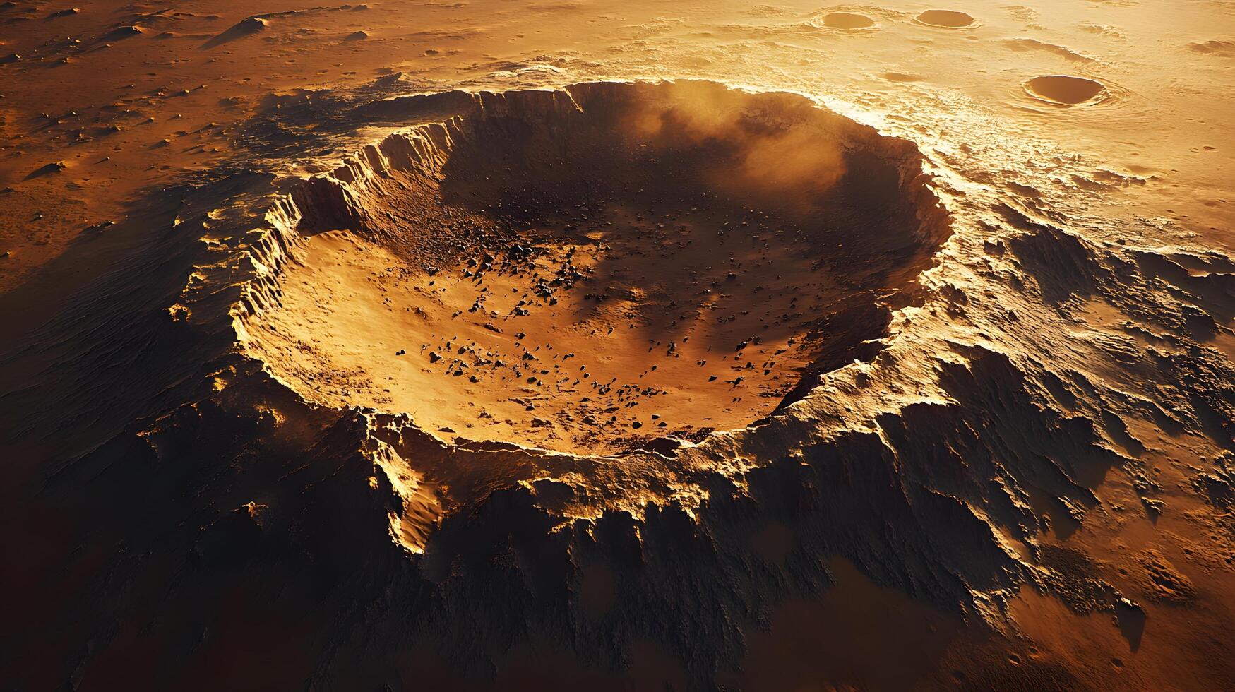 Martian surface reveals aerial view of craters and rocky terrain, featuring reddish-orange desert landscape with detailed geological features and dusty atmosphere. eroded photo