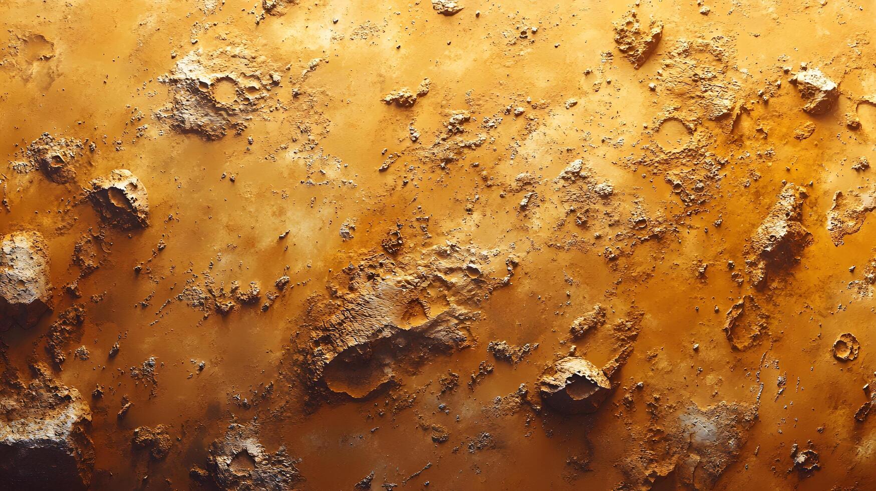 Martian surface reveals aerial view of craters and rocky terrain, featuring reddish-orange desert landscape with detailed geological features and dusty atmosphere. detailed photo