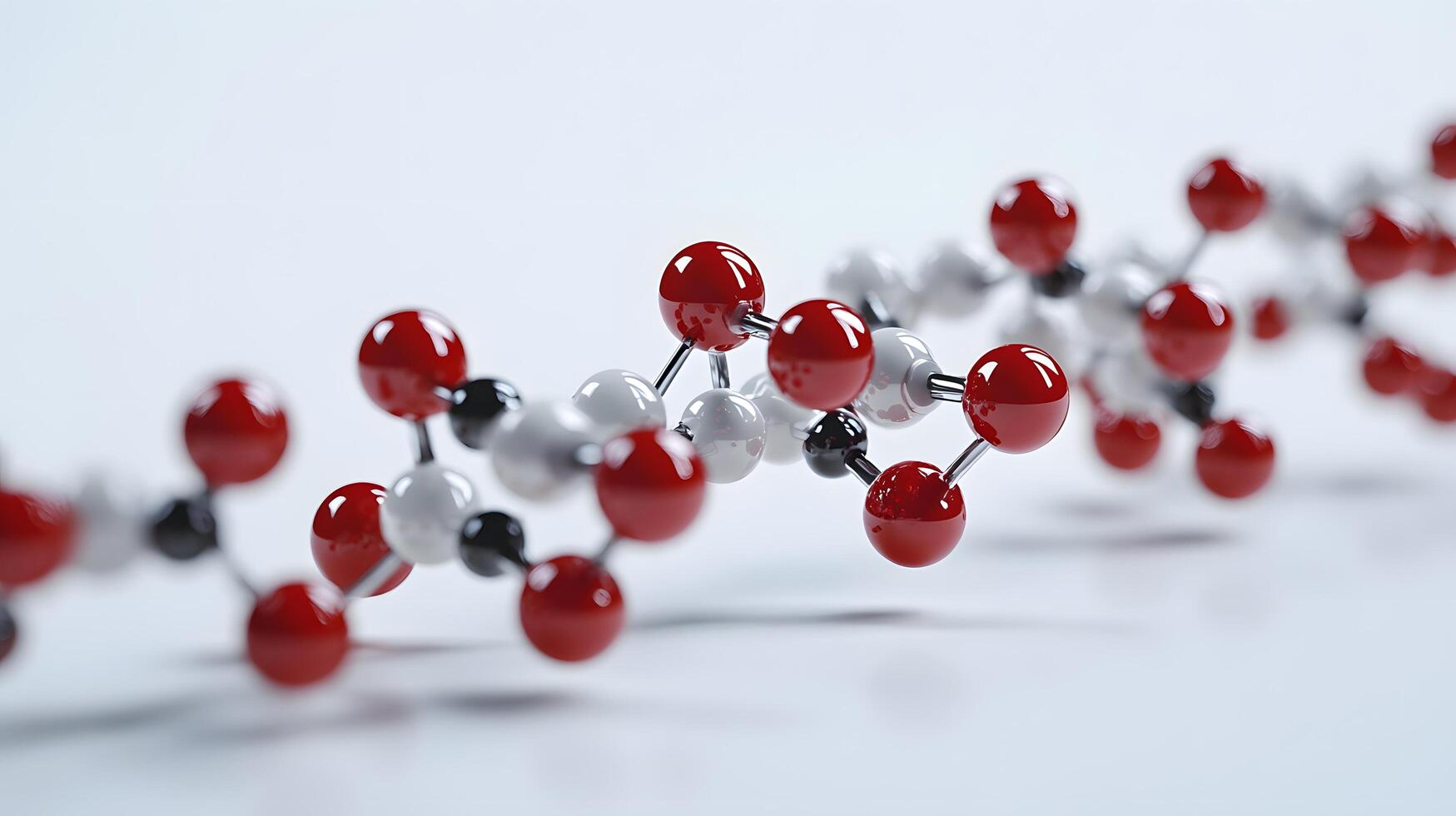 Red and white molecular protein structure displays 3D scientific model with metallic bonds, featuring spherical atoms in left-aligned composition with reflection effects. complex photo
