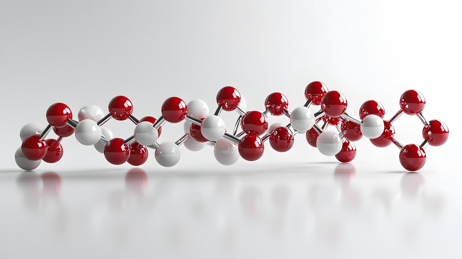 Red and white molecular protein structure displays 3D scientific model with metallic bonds, featuring spherical atoms in left-aligned composition with reflection effects. composition photo