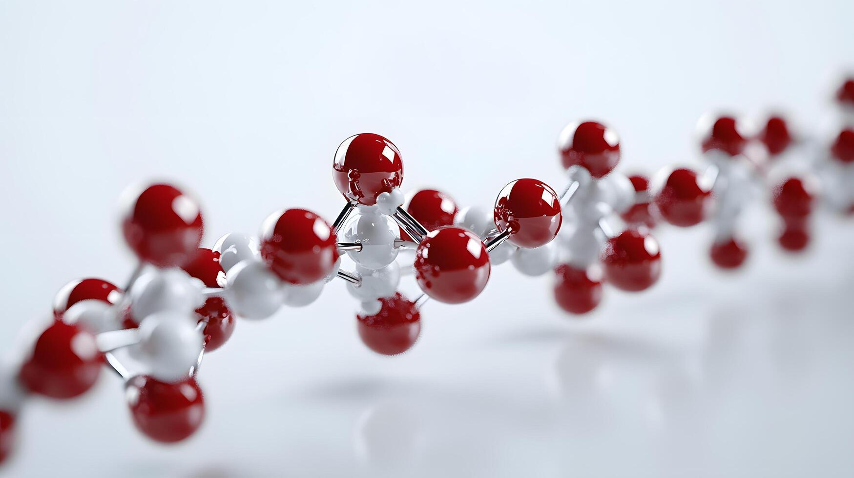 Red and white molecular protein structure displays 3D scientific model with metallic bonds, featuring spherical atoms in left-aligned composition with reflection effects. detailed photo