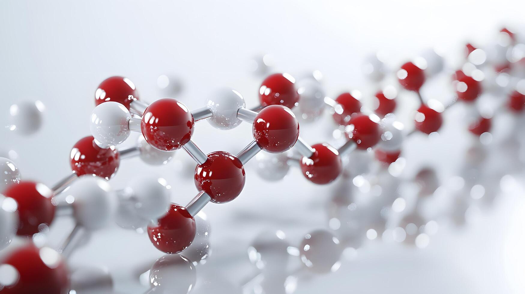 Red and white molecular protein structure displays 3D scientific model with metallic bonds, featuring spherical atoms in left-aligned composition with reflection effects. protein photo