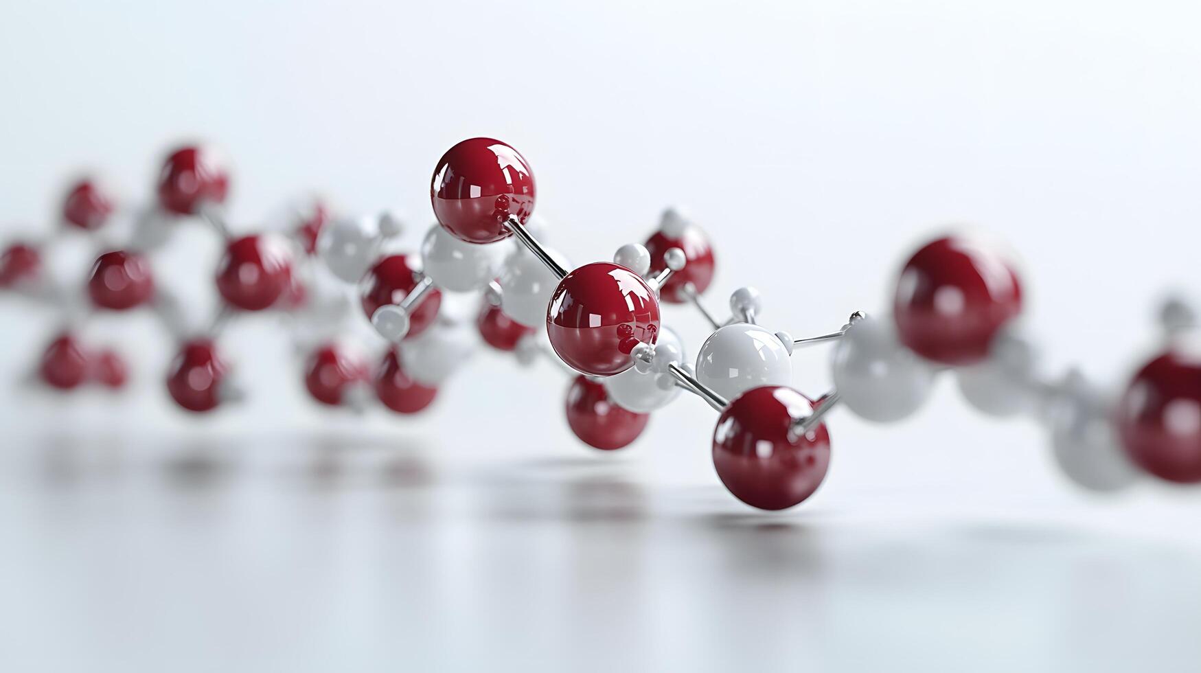 Red and white molecular protein structure displays 3D scientific model with metallic bonds, featuring spherical atoms in left-aligned composition with reflection effects. study photo