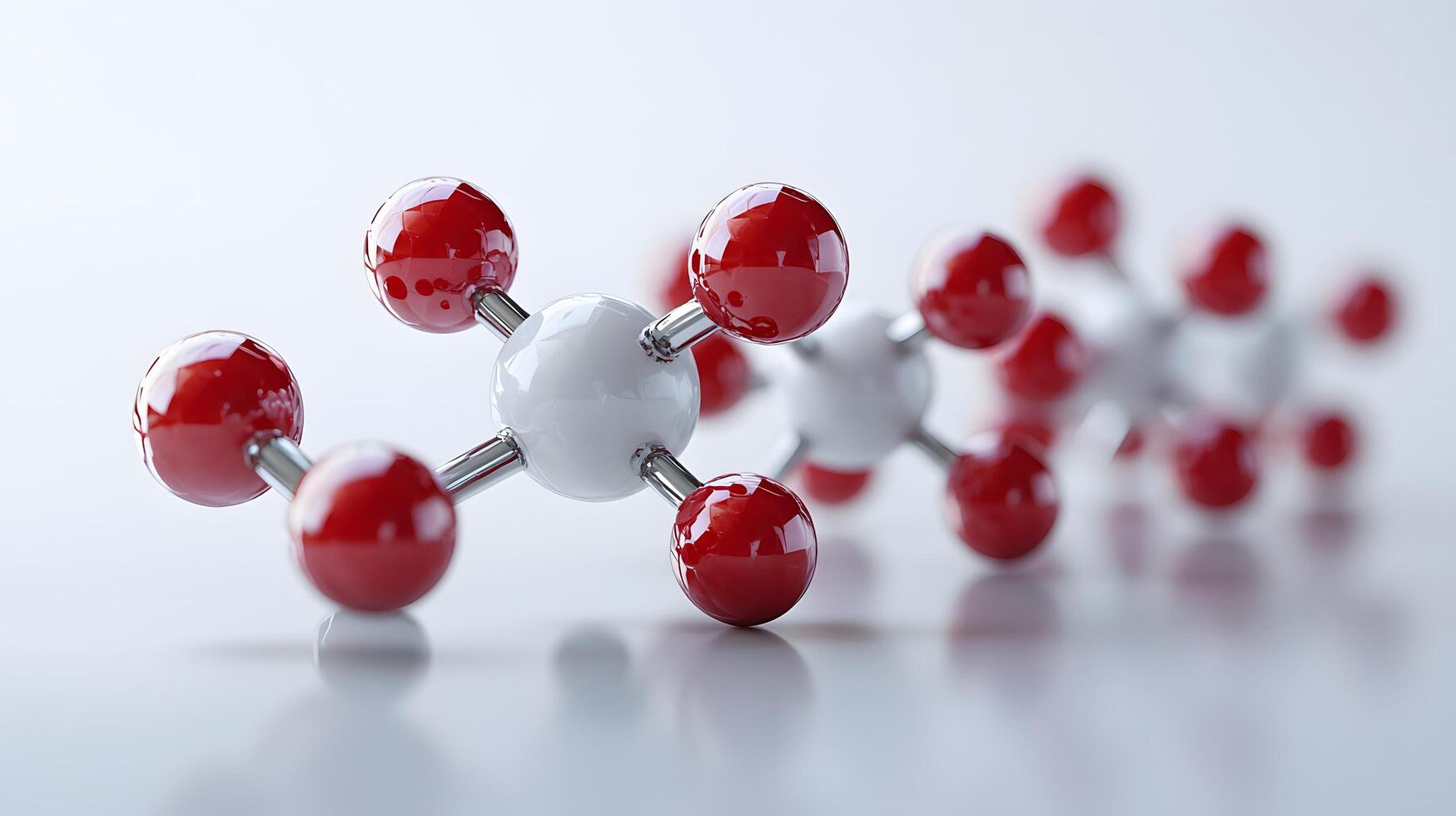 Red and white molecular protein structure displays 3D scientific model with metallic bonds, featuring spherical atoms in left-aligned composition with reflection effects. scientific photo
