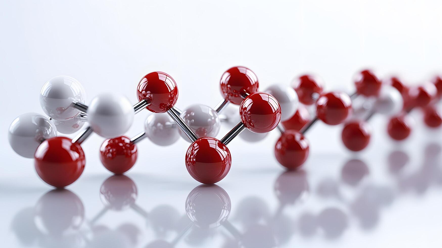 Red and white molecular protein structure displays 3D scientific model with metallic bonds, featuring spherical atoms in left-aligned composition with reflection effects. atoms photo