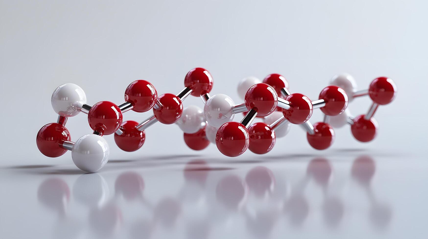 Red and white molecular protein structure displays 3D scientific model with metallic bonds, featuring spherical atoms in left-aligned composition with reflection effects. model photo
