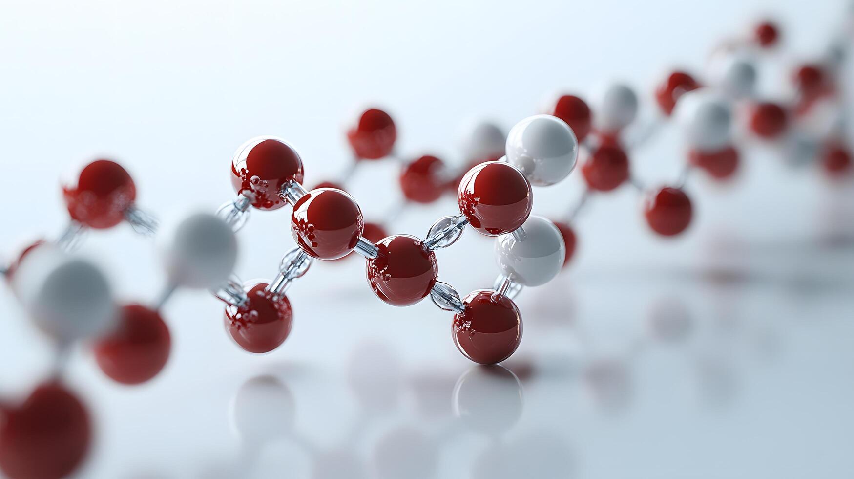 Red and white molecular protein structure displays 3D scientific model with metallic bonds, featuring spherical atoms in left-aligned composition with reflection effects. bonds photo