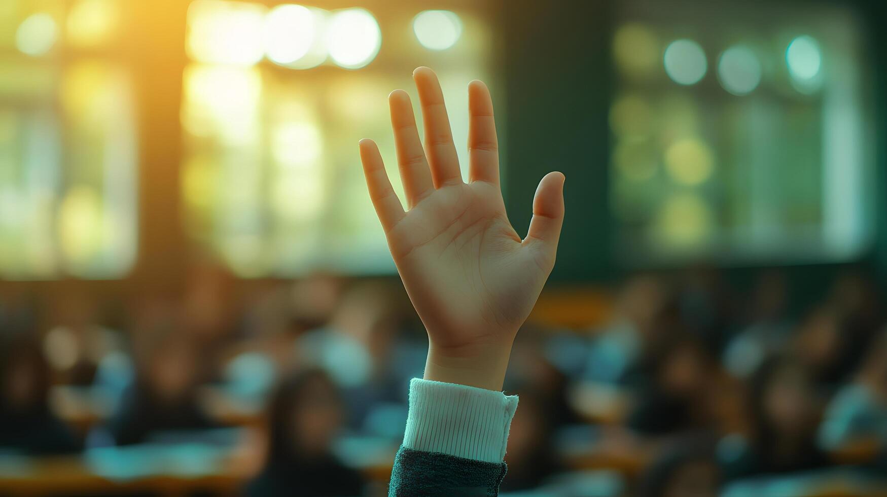 White-sleeved hand raises in classroom environment, representing participation and volunteering against blurred background with warm lighting and educational context. responsive photo