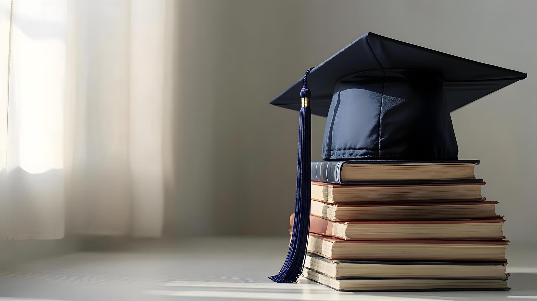 Navy blue graduation mortarboard rests atop stacked books, symbolizing academic achievement with tassel detail and window light shadow effects in minimalist style. successful photo