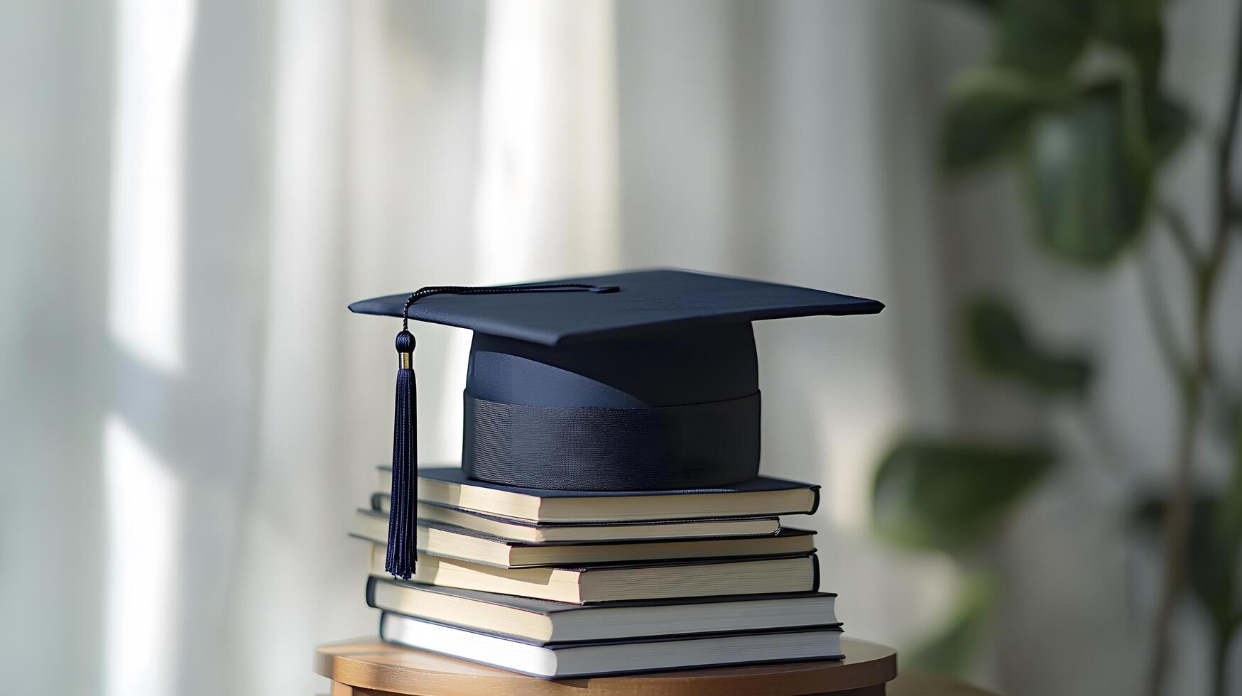 Navy blue graduation mortarboard rests atop stacked books, symbolizing academic achievement with tassel detail and window light shadow effects in minimalist style. study photo