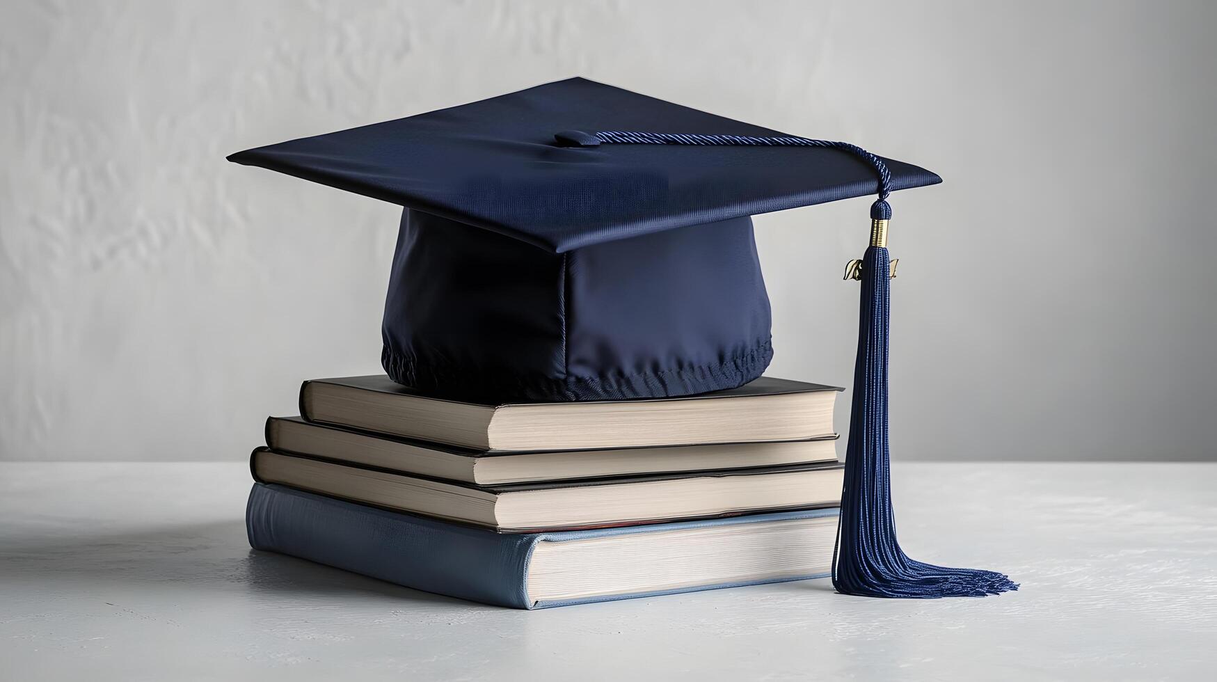 Navy blue graduation mortarboard rests atop stacked books, symbolizing academic achievement with tassel detail and window light shadow effects in minimalist style. graduation photo