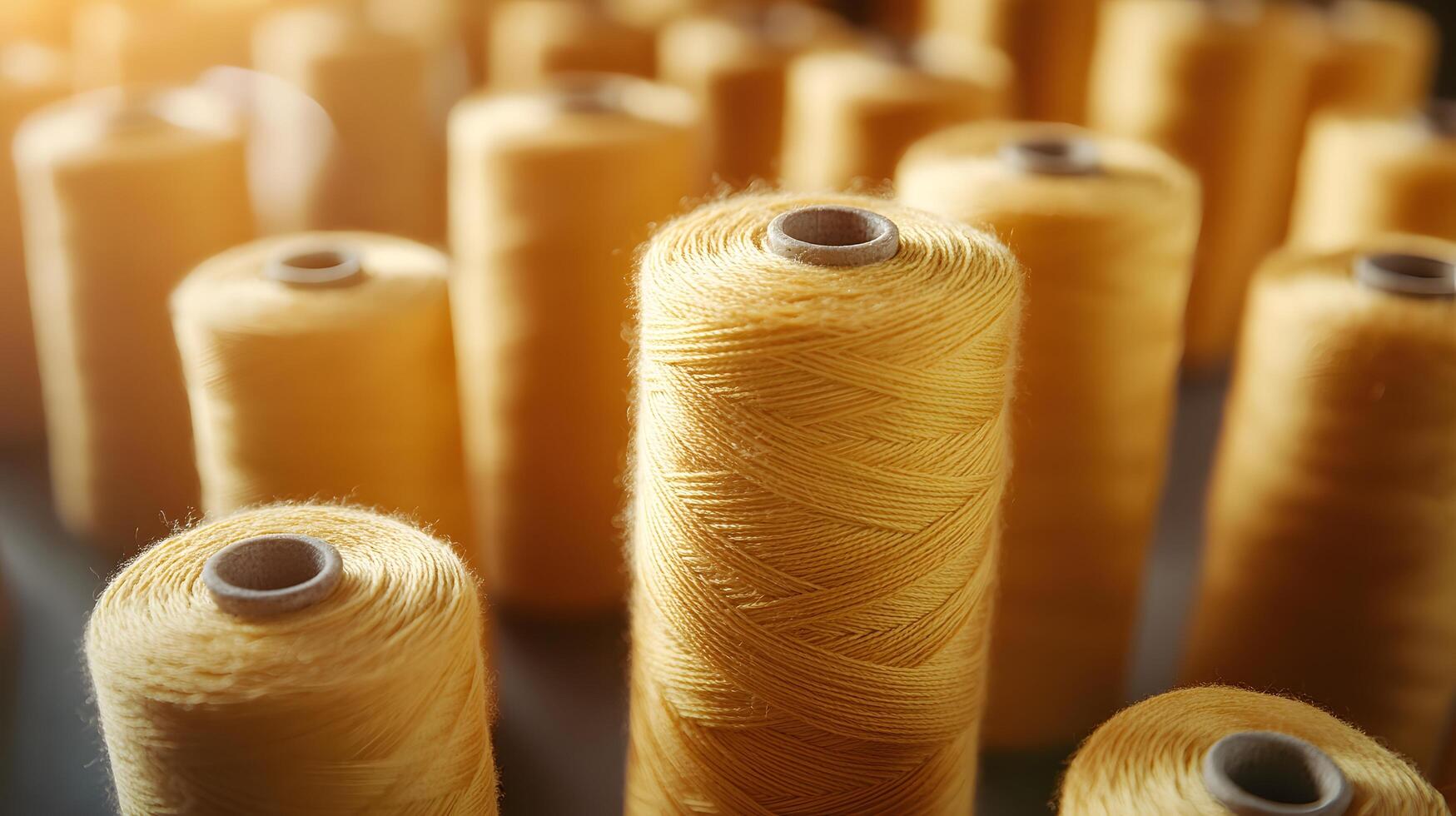 Multiple yellow thread spools arranged in rows demonstrate textile manufacturing materials, featuring macro details of cotton thread bobbins with soft-focus background effects. industrial photo